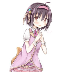  1girl ahoge amakaze_sora black_hair blush brown_eyes collared_shirt commentary_request hair_between_eyes hair_intakes hairband heart idolmaster idolmaster_cinderella_girls jacket kohinata_miho open_mouth pink_hairband pink_jacket pink_skirt puffy_short_sleeves puffy_sleeves shirt short_sleeves simple_background skirt sleeveless sleeveless_jacket solo steepled_fingers white_background white_shirt wonderful_magic_(idolmaster) wrist_cuffs 