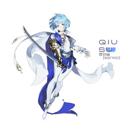  1girl armor artist_name belt blue_armor blue_belt blue_eyes blue_hair boots breasts cape closed_mouth fingerless_gloves fortissimo full_body gauntlets gloves gold_armor gold_trim hair_ornament high_collar highres holding holding_sword holding_weapon long_sleeves looking_at_viewer magical_girl mahou_shoujo_madoka_magica mahou_shoujo_madoka_magica_(anime) miki_sayaka musical_note musical_note_hair_ornament pants qiususu shirt short_hair single_fingerless_glove single_gauntlet small_breasts solo sword weapon white_background white_boots white_cape white_gloves white_pants white_shirt 