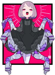  1girl absurdres artist_logo black_bow black_bowtie black_dress black_shirt bow bowtie buttons child clothes_lift collared_shirt cropped_legs curtsey cyborg dress emphasis_lines extra_arms frilled_dress frills grey_hair half-closed_eyes highres iwako_(eiken3kyuboy) juliet_sleeves laughing leggings light_blush limp_wrist logo lolita_fashion long_sleeves mecha_musume mechanical_arms medium_hair open_mouth original petticoat puffy_sleeves red_background red_eyes shirt skirt skirt_lift teeth twitter_username two-tone_background upper_teeth_only white_background white_leggings 