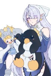  2girls animal_hug ascot bare_shoulders bird blonde_hair blue_dress blue_jacket closed_mouth commentary_request dress earrings grey_hair grey_hat hair_over_one_eye hat highres jacket jewelry large_hat long_hair looking_at_viewer mole mole_under_mouth multiple_girls norma_hollowell open_mouth penguin pointy_ears samemarumaruoka shako_cap simple_background thigh-highs velina_airgid very_long_hair violet_eyes white_background white_thighhighs x_x yellow_ascot zenless_zone_zero 