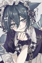  1boy animal_ears ascot black_ascot black_bow black_dress blush bow cat_boy cat_ears cat_tail checkered_ascot checkered_bow checkered_clothes chinese_commentary collared_dress colored_eyelashes commentary_request crossdressing crossdressing_(mtf) danganronpa_(series) danganronpa_v3:_killing_harmony double-parted_bangs dress earrings enmaided frilled_shirt_collar frilled_wrist_cuffs frills glint green_hair grey_background hair_between_eyes hair_bow hair_ornament hairclip hand_up highres jewelry kemonomimi_mode light_particles long_bangs maid maid_headdress male_focus male_maid nervous_smile outline pale_skin puffy_short_sleeves puffy_sleeves saihara_shuichi short_sleeves simple_background smile solo sticker sticker_on_face sweat tail two-tone_ascot two-tone_bow upper_body white_ascot white_bow white_outline wrist_cuffs yellow_eyes yuzu_(parasitic_910) 