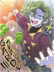  1boy brassius_(pokemon) cheekbones commentary_request english_text fingernails green_hair grin highres holding long_sleeves male_focus open_mouth outstretched_arm pokemon pokemon_(creature) pokemon_scarlet_and_violet runachikku short_hair smile sudowoodo thorns 