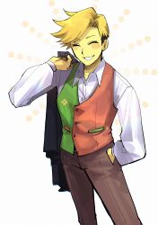  1boy absurdres blonde_hair closed_eyes colored_skin commentary_request deltarune facing_viewer flowery_(deltarune) hand_in_pocket highres holding holding_unworn_clothes holding_unworn_jacket jacket male_focus multicolored_vest rainbowmisosoup smile unworn_jacket utdr_(toby_fox) white_background yellow_skin 