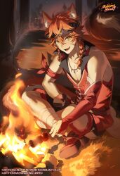  2boys absurdres animal_ears black_headband black_shorts braid bridal_gauntlets campfire commentary copyright_name copyright_notice ein_(mahjong_soul) english_commentary fire food forest fox_boy fox_ears full_body grass hair_ornament headband highres log looking_at_viewer mahjong_soul maka_(mksrw) male_focus medium_hair multiple_boys nature official_art open_mouth orange_eyes orange_hair outdoors red_bridal_gauntlets red_shirt red_shoes shirt shish_kebab shoes shorts sitting sleeveless sleeveless_shirt slit_pupils smile solo_focus tail tree twin_braids wolf_boy wolf_tail zechs_(mahjong_soul) 