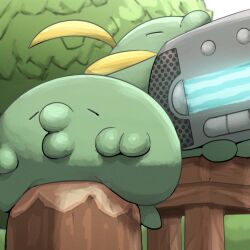  absurdres closed_eyes colored_skin commentary_request green_skin gulpin highres no_humans o3o outdoors pokemon pokemon_(creature) pokemon_focus puckered_lips radio spicyichizo tree 