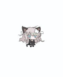  1girl 2naom8q6gt87292 ahoge animal_ears arknights bandaid bandaid_on_head black_dress black_jacket black_ribbon black_thighhighs blue_eyes cat_ears cat_girl cat_tail chibi chibi_only colorpoint_(pattern) commentary_request dress hair_ribbon highres jacket long_hair mint_(arknights) open_clothes open_jacket ribbon swept_bangs tail tearing_up thigh-highs white_background white_hair 