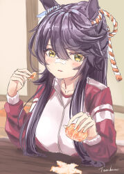  1girl animal_ears bandaid bandaid_on_face black_hair blush breasts collarbone commentary_request food fruit gym_shirt hair_between_eyes highres holding horse_ears horse_girl jacket long_hair long_sleeves looking_at_viewer mandarin_orange narita_brian_(umamusume) parted_lips ponytail red_jacket shirt tracen_training_uniform track_jacket tsurubami_(gaad5227) umamusume white_shirt 