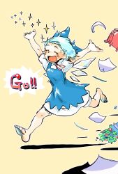  1girl barefoot blue_bow blue_dress blue_hair bow cirno closed_eyes collared_shirt commentary_request detached_wings dress english_text falling_paper full_body hair_bow highres ice ice_wings kokechankokko leg_up neck_ribbon open_mouth pinafore_dress puffy_short_sleeves puffy_sleeves red_ribbon ribbon shirt short_sleeves sleeveless sleeveless_dress smile soles solo toes touhou white_shirt wings yellow_background 