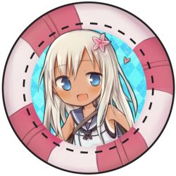  1girl :d amakaze_sora argyle_background bare_shoulders black_one-piece_swimsuit blue_eyes blue_sailor_collar blush grey_hair hair_between_eyes heart kantai_collection lifebuoy long_hair looking_at_viewer lowres one-piece_swimsuit ro-500_(kancolle) sailor_collar shirt sleeveless sleeveless_shirt smile solo swim_ring swimsuit swimsuit_under_clothes tan white_background white_shirt 