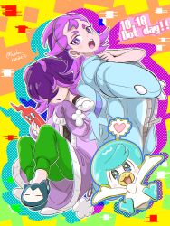  2girls bright_pupils character_name dot_(pokemon) dual_persona freckles green_pants hair_over_eyes heart highres multiple_girls open_mouth outstretched_arms pants pokemon pokemon_(anime) pokemon_horizons purple_hair quaxly rotom rotom_phone runachikku sleeves_past_fingers sleeves_past_wrists snorlax spoken_heart spread_arms violet_eyes white_pupils 