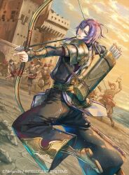  6+boys arrow_(projectile) bisaiiiii bishounen bow_(weapon) commentary_request company_name fire_emblem fire_emblem_cipher fire_emblem_echoes:_shadows_of_valentia holding holding_arrow holding_bow_(weapon) holding_weapon leon_(fire_emblem_echoes) male_focus multiple_boys official_art outdoors parted_lips purple_hair quiver smile solo_focus weapon 