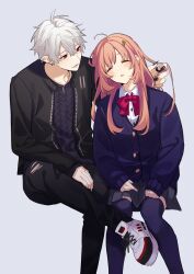  1boy 1girl ahoge black_jacket black_nails black_pants black_shirt bow bowtie cardigan closed_eyes collared_shirt crossed_legs ear_piercing fingernails flower grey_background grey_hair grey_skirt hair_between_eyes hair_flower hair_ornament hairclip hand_in_another's_hair highres honma_himawari honma_himawari_(2nd_costume) jacket kuzuha_(5th_costume)_(nijisanji) kuzuha_(nijisanji) long_fingernails long_hair long_sleeves looking_at_another nail_polish nijisanji open_clothes open_jacket orange_hair pants parted_lips piercing pleated_skirt pointy_ears protected_link red_bow red_bowtie red_eyes school_uniform shio_(shio_02) shirt shoes short_hair simple_background sitting skirt sleeping sleeves_past_wrists smile sneakers sunflower sunflower_hair_ornament thigh-highs virtual_youtuber white_shirt 