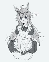  1girl ac3h1gh ahoge animal_ears apron blue_eyes commentary_request dot_nose ear_ornament enmaided frilled_apron frills hair_between_eyes hairband highres horse_ears horse_girl korean_commentary light_blush long_hair looking_at_viewer maid maid_apron neck_ribbon oguri_cap_(umamusume) parted_lips puffy_short_sleeves puffy_sleeves ribbon short_sleeves simple_background sitting solo speech_bubble spot_color thigh-highs translated umamusume v_arms wariza white_background 