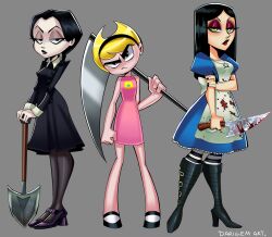  3girls alice_liddell_(american_mcgee's_alice) american_mcgee's_alice angry back_bow black_boots black_dress black_eyes black_hair black_hairband black_lips black_nails black_pantyhose black_shoes blonde_hair blood blood_on_clothes blood_on_dress blood_on_knife blue_dress boots bow braid collared_dress crossover darigem dress floral_print frilled_dress frills front_braid full_body green_eyes grey_background hair_horns hairband highres holding holding_knife holding_scythe holding_shovel jewelry jupiter_symbol knife low_twin_braids mandy_(grim_adventures) mary_janes multiple_girls necklace pantyhose pink_dress puffy_short_sleeves puffy_sleeves scythe shoes short_sleeves shovel striped_clothes striped_pantyhose the_addams_family the_grim_adventures_of_billy_&amp;_mandy trait_connection twin_braids wednesday_addams 