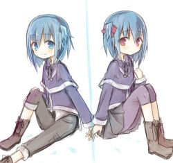  amakaze_sora blue_eyes blue_hair blush boots bow brown_boots capelet closed_mouth grey_pants grey_skirt hair_bow jacket knee_up knees_up leggings leggings_under_skirt long_sleeves one_side_up original pants pleated_skirt purple_capelet purple_jacket purple_leggings red_bow simple_background sitting skirt smile violet_eyes white_background 