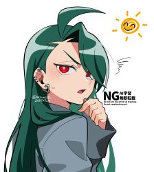  1girl ahoge commentary_request earrings eyelashes from_side genjitsu_o_miro green_hair grey_pupils grey_shirt hand_up highres jewelry light_blush long_hair long_sleeves looking_to_the_side pokemon pokemon_scarlet_and_violet red_eyes rika_(pokemon) shirt solo squiggle stud_earrings twitter_username upper_body watermark white_background 