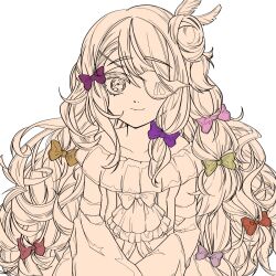  bow closed_mouth commentary_request curly_hair dress eyepatch frilled_dress frills hair_bun hair_ornament highres lolita_fashion long_hair looking_at_viewer magical_girl mahou_shoujo_ikusei_keikaku mahou_shoujo_ikusei_keikaku_restart pfle single_side_bun smile solo white_background yomo_gigyoza 
