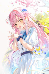  1girl absurdres alternate_costume blue_archive blue_flower blue_ribbon blue_scrunchie blush braid capelet commentary dress english_commentary flower hair_flower hair_ornament hair_scrunchie half_up_braid halo highres long_hair mika_(blue_archive) mixed-language_commentary official_alternate_hairstyle open_mouth pink_hair pink_halo pink_nails revision ribbon scrunchie short_sleeves sikimosh solo steepled_fingers white_capelet white_dress white_wings wing_ornament wings wrist_scrunchie yellow_eyes 