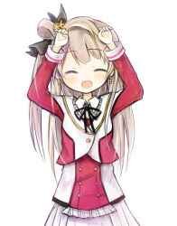  1girl :d ^_^ amakaze_sora arms_up black_ribbon blush brown_hair closed_eyes collared_dress cropped_jacket dress facing_viewer frilled_shirt_collar frills jacket long_hair love_live! love_live!_school_idol_project minami_kotori neck_ribbon ribbon simple_background smile solo very_long_hair white_background white_dress white_jacket 