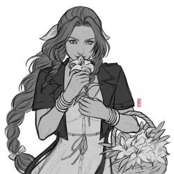  1girl aerith_gainsborough artist_name bangle basket bracelet braid braided_ponytail cropped_jacket dress final_fantasy final_fantasy_vii final_fantasy_vii_remake flower flower_basket greyscale hair_ribbon holding holding_basket holding_flower jen_bartel jewelry lily_(flower) long_hair monochrome parted_bangs ribbon sidelocks single_braid smile solo upper_body white_background 