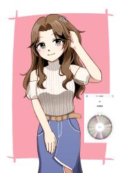  1girl absurdres ariura_kanna bare_shoulders belt blue_skirt border brown_belt brown_eyes brown_hair closed_mouth commentary_request cowboy_shot denim denim_skirt eyelashes flower hair_flower hair_intakes hair_ornament hand_in_own_hair highres idolmaster idolmaster_cinderella_girls masaki_comic pink_background screenshot_inset simple_background skirt smile solo standing sweater white_border white_sweater 
