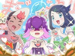  1boy 2girls baseball_cap black_hair black_hat blue_eyes blue_overalls closed_eyes commentary_request dot_(pokemon) embarrassed fuecoco hair_between_eyes happy hat heart heart_hands highres liko_(pokemon) multiple_girls open_mouth overalls pokemon pokemon_(anime) pokemon_(creature) pokemon_horizons purple_hair quaxly reverse_trap roy_(pokemon) runachikku shirt sparkle sprigatito starter_pokemon_trio translation_request white_shirt 