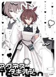  1girl :p agnes_tachyon_(umamusume) ahoge alternate_costume animal_ears apron bag belt black_choker black_dress black_necktie border brown_bag brown_belt brown_hair character_name chemical_structure choker coat coat_partially_removed collar commentary cowboy_shot dot_nose dress earrings enmaided hair_between_eyes hair_ornament hairclip highres holding holding_test_tube horse_ears horse_girl id_card jewelry lab_coat maid maid_headdress medium_hair necktie o-ring o-ring_choker outside_border pono3330 puffy_short_sleeves puffy_sleeves red_eyes screentones short_necktie short_sleeves single_earring sleeves_past_fingers sleeves_past_wrists solo test_tube tongue tongue_out translated twitter_username umamusume untranslatable_commentary white_apron white_border white_coat white_collar zoom_layer 