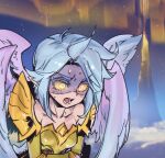  1girl bare_shoulders breasts clouds collarbone colored_sclera glowing glowing_eyes gold_armor grey_hair kayle_(league_of_legends) league_of_legends mountain night open_mouth orange_sclera outdoors phantom_ix_row pointy_ears short_hair small_breasts solo sweat teeth tongue upper_body wings yellow_eyes 