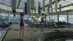  1girl abandoned absurdres an_yb bare_tree blue_one-piece_swimsuit commentary english_commentary flag from_behind highres indoors low_ponytail one-piece_swimsuit original ponytail pool shoes short_hair short_ponytail solo standing swimsuit tree uwabaki water_slide waterpark window 