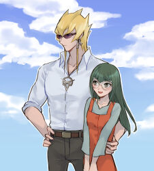  1boy 1girl arm_around_another's_waist belt black_hair black_pants blonde_hair blue_sky blush carly_nagisa clouds collared_shirt commentary_request earrings glasses hand_on_own_hip highres ishinonono jack_atlas jewelry long_hair necklace open_mouth pants shirt sky smile sunglasses yu-gi-oh! yu-gi-oh!_5d's 