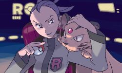  1girl breast_pocket closed_mouth eyelashes fingernails forehead_jewel hand_on_another's_head holding holding_poke_ball long_sleeves official_art open_mouth persian_(pokemon) pocket poke_ball poke_ball_(basic) poke_ball_symbol pokemon pokemon_(creature) pokemon_adventures pokemon_tcg purple_hair red_eyes short_hair sird_(pokemon) smile sugimori_ken team_rocket team_rocket_uniform third-party_source violet_eyes 