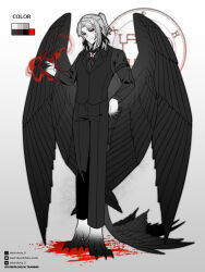  1boy absurdres arm_strap artist_name bird_legs black_pants black_sclera black_shirt black_vest black_wings collared_shirt color_guide colored_sclera electrolysis_0 feathered_wings grey_hair highres original pale_skin pants ponytail red_eyes shirt suit_pants talons undershirt vest white_background wings 