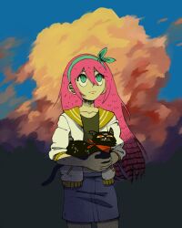  1girl animal animalization aubrey_(faraway)_(omori) aubrey_(omori) blue_eyes blue_hairband blue_skirt cat closed_mouth collarbone commentary crop_top denim denim_skirt double-parted_bangs english_commentary hair_between_eyes hairband highres holding holding_animal holding_cat jacket laweazombica long_hair looking_up mae_borowski night_in_the_woods omori pink_hair short-sleeved_jacket short_sleeves sidelocks skirt solo white_jacket 