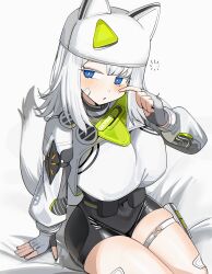  1girl absurdres animal_ear_headwear arknights arknights:_endfield bandaid bandaid_on_face bandaid_on_leg black_bodysuit blue_eyes blush bodysuit breasts bright_pupils covered_navel diamond-shaped_pupils diamond_(shape) dot_nose estella_(arknights) feet_out_of_frame fingerless_gloves gloves grey_gloves hand_up hat highres large_breasts long_sleeves looking_to_the_side medium_hair open_mouth shrug_(clothing) simple_background sitting solo spam_(spamham4506) symbol-shaped_pupils tail thigh_strap thighs white_background white_hair white_hat white_pupils white_shrug 