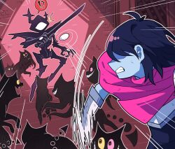  !? 2others ^^^ androgynous animal_ears anime_coloring antenna_hair antlers armor black_claws black_hair black_knife_(deltarune) black_skin black_undershirt blue_skin brick_wall capelet cat chasing claws clenched_teeth colored_sclera colored_skin commentary creature deer_antlers deltarune egg fangs floating friend_(deltarune) from_side gauntlets grin hair_over_eyes harac_(mc_harac98) heterochromia highres holding holding_sword holding_weapon horns indoors kris_(dark_world)_(deltarune) kris_(deltarune) living_shadow medium_hair mismatched_sclera motion_lines multiple_others no_feet pink_capelet pink_eyes pink_sclera ribs roaring_knight running shaded_face short_hair single_empty_eye smile speech_bubble speed_lines stigmata surprised sword tail teeth throwing throwing_food utdr_(toby_fox) weapon yellow_eyes yellow_sclera 