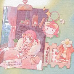  1girl 24-hour_relay animal_charm animal_ear_legwear animal_slippers aqua_background artist_collaboration basket bathrobe bean_bag_chair bedroom birthday birthday_cake bow brown_eyes bubble_tea bunny_slippers cake candle carpet chair character_charm character_doll charm_(object) chibi chinese_commentary chinese_text closed_mouth commentary_request cup day disposable_cup doll drink drinking_straw fanfanjiadeayuanjiang fire flower food fruit fur-trimmed_robe fur_trim hair_bow highres holding holding_drink indoors knee_up kneehighs leaf light_blush lingyu_(yuyuyuyuyuyu93729) long_sleeves mengchen_ruyueseli nikki_(nikki) nikki_(series) nikki_up2u2:_world_traveller on_chair orange_bow photo_(object) pink_bow pink_hair pink_robe pink_slippers purple_flower red_flower red_socks robe rug shadow short_hair short_twintails sitting slippers smile socks sparkle strawberry tape ticket translation_request twintails two-tone_socks unworn_slippers variant_set waist_bow white_socks 