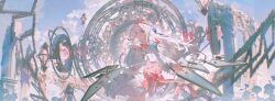  1girl aiguillette arcaea architecture beret blue_bow bow bowtie carnation crossed_bangs detached_wings dress flower frilled_dress frills gem_hat_ornament hair_between_eyes hand_on_own_chest hat hat_ribbon highres hikari_(arcaea) hikari_(fracture)_(arcaea) holding holding_flower long_hair long_sleeves looking_at_viewer mechanical_wings picture_frame pink_carnation pink_flower red_bow red_bowtie red_hat ribbon ruins scenery sky solo two-tone_bow white_dress white_hair wings yolk72 