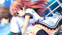  1boy 1girl ayamisiro bicycle black_sailor_collar black_socks blue_bow blue_ribbon bow bowtie breast_press brown_eyes brown_hair day dress dutch_angle faceless faceless_male floating_hair frilled_skirt frills from_side game_asset hair_bow half_updo head_on_another's_back hug hug_from_behind long_hair miniskirt multiple_riders natsu_koi_high_pressure non-web_source ocean official_art on_bicycle panties pantyshot plaid_bow plaid_clothes post_and_rail_fence red_bow red_bowtie ribbon sailor_collar school_uniform shinonome_misaki shirt short_hair short_sleeves sitting skirt sky socks underwear white_panties white_shirt yokozuwari 