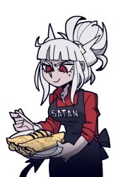  1girl apron black_apron black_tail breasts clothes_writing collared_shirt crepe demon_girl demon_horns demon_tail food fork hair_up helltaker holding holding_fork holding_plate horns lucifer_(helltaker) medium_breasts mole mole_under_eye non-web_source official_art plate red_eyes red_shirt ringed_eyes shirt solo tail transparent_background vanripper white_hair white_horns 