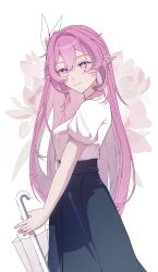  1girl alternate_costume blue_skirt breasts diamond-shaped_pupils diamond_(shape) elf elysia_(honkai_impact) floral_background hair_ornament highres holding holding_umbrella honkai_(series) honkai_impact_3rd long_hair long_skirt looking_at_viewer medium_breasts multicolored_hair pink_hair pointy_ears shirt skirt smile solo symbol-shaped_pupils two-tone_hair umbrella very_long_hair violet_eyes white_hair white_shirt yu_chen 