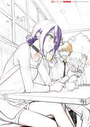  1boy 1girl apron artist_name b.c.n.y. black_necktie blonde_hair breasts chainsaw_man collared_shirt cup denji_(chainsaw_man) flower green_eyes grenade_pin hair_between_eyes hair_bun highres holding holding_cup indoors light_blush long_sleeves looking_at_another medium_breasts medium_hair necktie open_mouth patreon_username purple_hair red_eyes reze_(chainsaw_man) sharp_teeth shirt short_hair shorts sign sitting sketch smile teacup teeth updo white_flower white_shirt window 