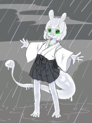  1girl :d antennae barefoot black_skirt colored_skin commentary_request detached_sleeves fewer_digits full_body green_eyes hakama hakama_short_skirt hakama_skirt highres japanese_clothes kimono monster_girl open_mouth original outdoors outstretched_arms rain short_hair skirt slime_girl smile solo standing tail user_mpwc5284 very_long_tail white_kimono white_skin white_sleeves wide_sleeves 