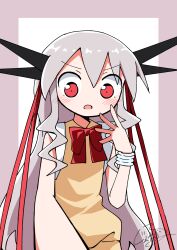  1girl :o absurdres black_shorts blush bow bowtie choppy_bangs commentary_request commission covering_own_mouth cowboy_shot denkou_hayami flat_chest foreshortening generalcanon hair_between_eyes hair_ribbon hand_over_own_mouth highres long_hair long_sidelocks looking_at_viewer looking_down open_mouth original outside_border pink_hair pixiv_commission pov reaching reaching_towards_viewer red_bow red_bowtie red_eyes red_ribbon ribbon shorts sidelocks signature simple_background sleeveless sleeveless_sweater solo speech_bubble sweater translation_request two-tone_background upper_body v-shaped_eyebrows very_long_hair white_background yellow_sweater 