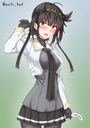  1girl anti_(untea9) black_bodysuit black_hair black_headband black_neckerchief black_skirt blush bodysuit breasts brown_hair commentary_request dress gradient_background green_background hachimaki hair_flaps hatsuzuki_(kancolle) hatsuzuki_kai_ni_(kancolle) headband highres kantai_collection looking_at_viewer medium_breasts neckerchief pleated_skirt short_hair skirt solo twitter_username yellow_eyes 