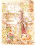  1girl artist_name brown_hair carrot closed_eyes cup dress highres hitumogu indoors kitchen leaf long_hair long_sleeves original painting_(medium) rabbit shadow shelf sink smile solo stool traditional_media watercolor_(medium) window 