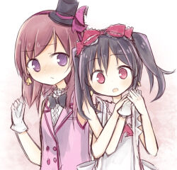  2girls amakaze_sora black_bow black_bowtie black_hair black_hat blush bow bowtie brown_hair closed_mouth gloves hair_bow hairband hat jacket love_live! love_live!_school_idol_project mini_hat mini_top_hat multiple_girls nishikino_maki nose_blush open_mouth pink_eyes pink_jacket purple_hairband red_bow shirt sleeveless sleeveless_jacket sleeveless_shirt tilted_headwear top_hat twintails upper_body violet_eyes wavy_mouth white_gloves white_shirt yazawa_nico 