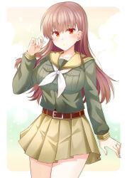 1girl belt breasts brown_belt brown_eyes brown_hair commentary_request cosplay highres jewelry kantai_collection kitakami_(kancolle) kitakami_(kancolle)_(cosplay) kitakami_(sasebo_2026)_(kancolle) large_breasts long_hair long_sleeves miniskirt neckerchief ooi_(kancolle) pleated_skirt ring rui_shi_(rayze_ray) sailor_collar school_uniform serafuku skirt solo very_long_hair wedding_ring white_neckerchief yellow_sailor_collar yellow_skirt 