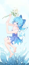  1girl absurdres barefoot blue_bow blue_dress blue_eyes blue_hair bow chinese_commentary cirno commentary_request detached_wings dress flower flower_request full_body hair_bow highres holding holding_flower ice ice_wings looking_at_viewer medium_hair open_mouth sleeveless sleeveless_dress smile soles solo toes touhou white_flower wings wrainman 