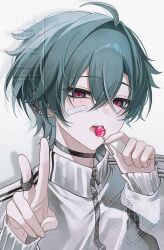  aqua_hair candy commentary food genshin_impact hair_between_eyes holding holding_candy holding_food holding_lollipop jacket lohen_(genshin_impact) lollipop long_sleeves mole mole_under_eye multicolored_eyes open_mouth red_pupils short_hair touyu_1210 track_jacket v white_jacket 