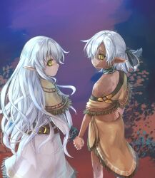  2girls brown_capelet brown_skirt burn_scar capelet caria_elfuur closed_mouth commentary dark-skinned_female dark_skin dress fringe_trim from_side full_body hair_over_one_eye highres hikari_niji holding_hands isekai_mokushiroku_mynoghra long_hair long_sleeves maria_elfuur multiple_girls pointy_ears profile scar siblings sisters skirt very_long_hair white_dress white_hair yellow_eyes 